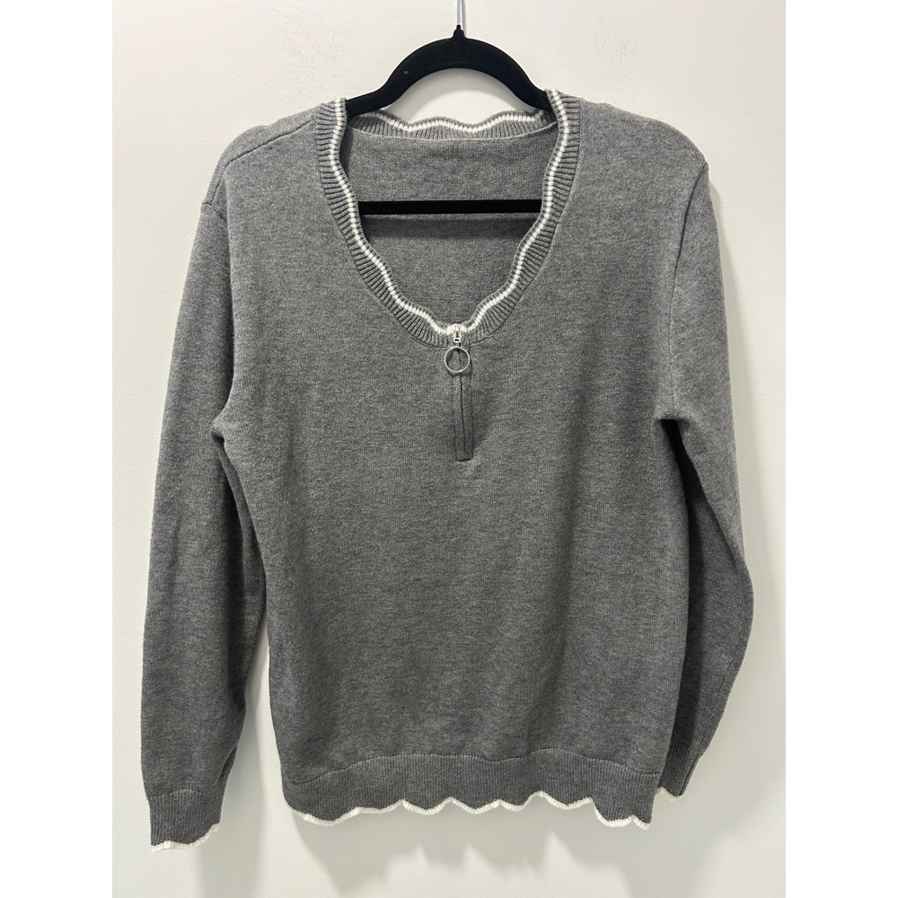 Grey Scallop Hem Quarter Zip Sweater Ring Pull V-Neck Knit Top Large